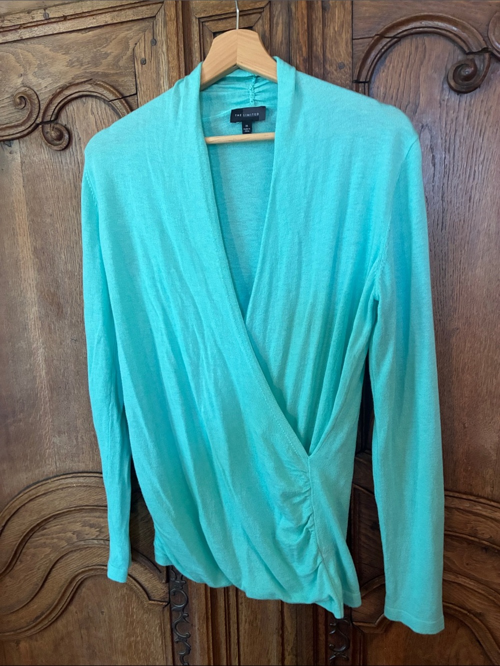 The Limited Aqua Blue Faux Wrap Top Ruched - Picture 3 of 8